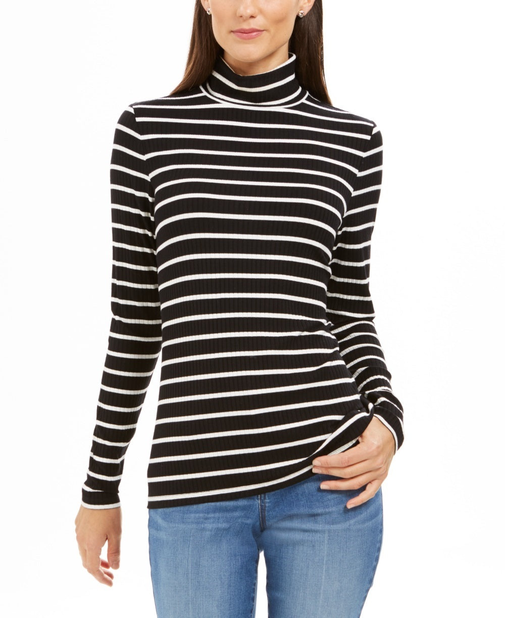 Charter Club Women's Striped Turtleneck Top Black Size Small