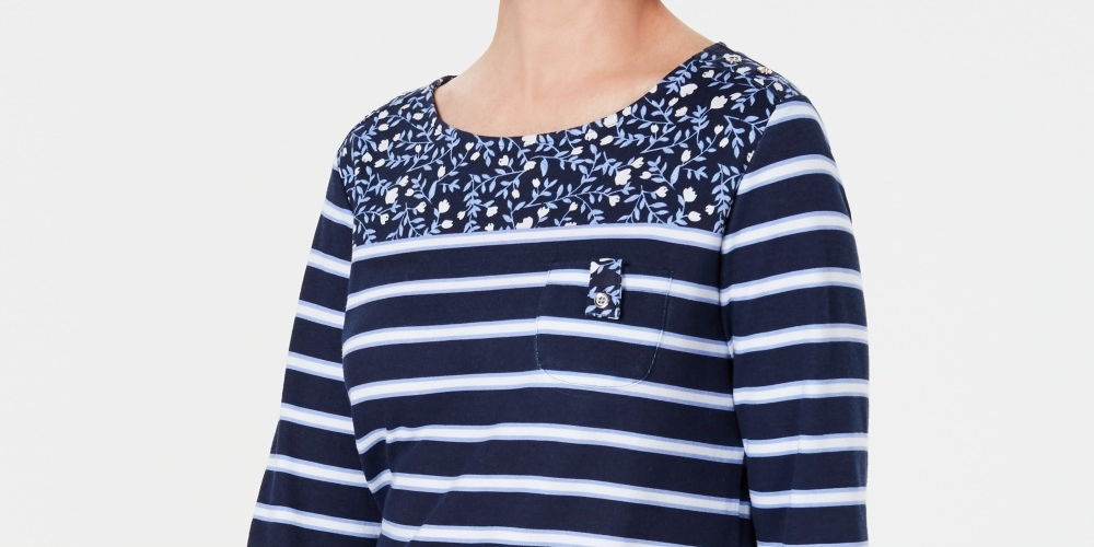 Karen Scott Women's Petite Ditsy Floral & Striped Pocket Top Navy Petite Small