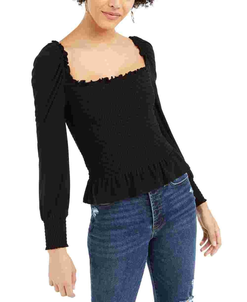 Bar III Women's Smocked Square-Neck Top Black Size Medium
