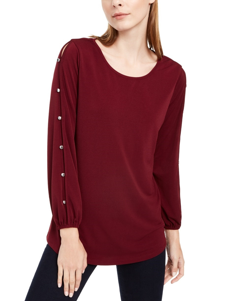 NY Collection Women's Split Sleeve Top Red Size Petite Medium