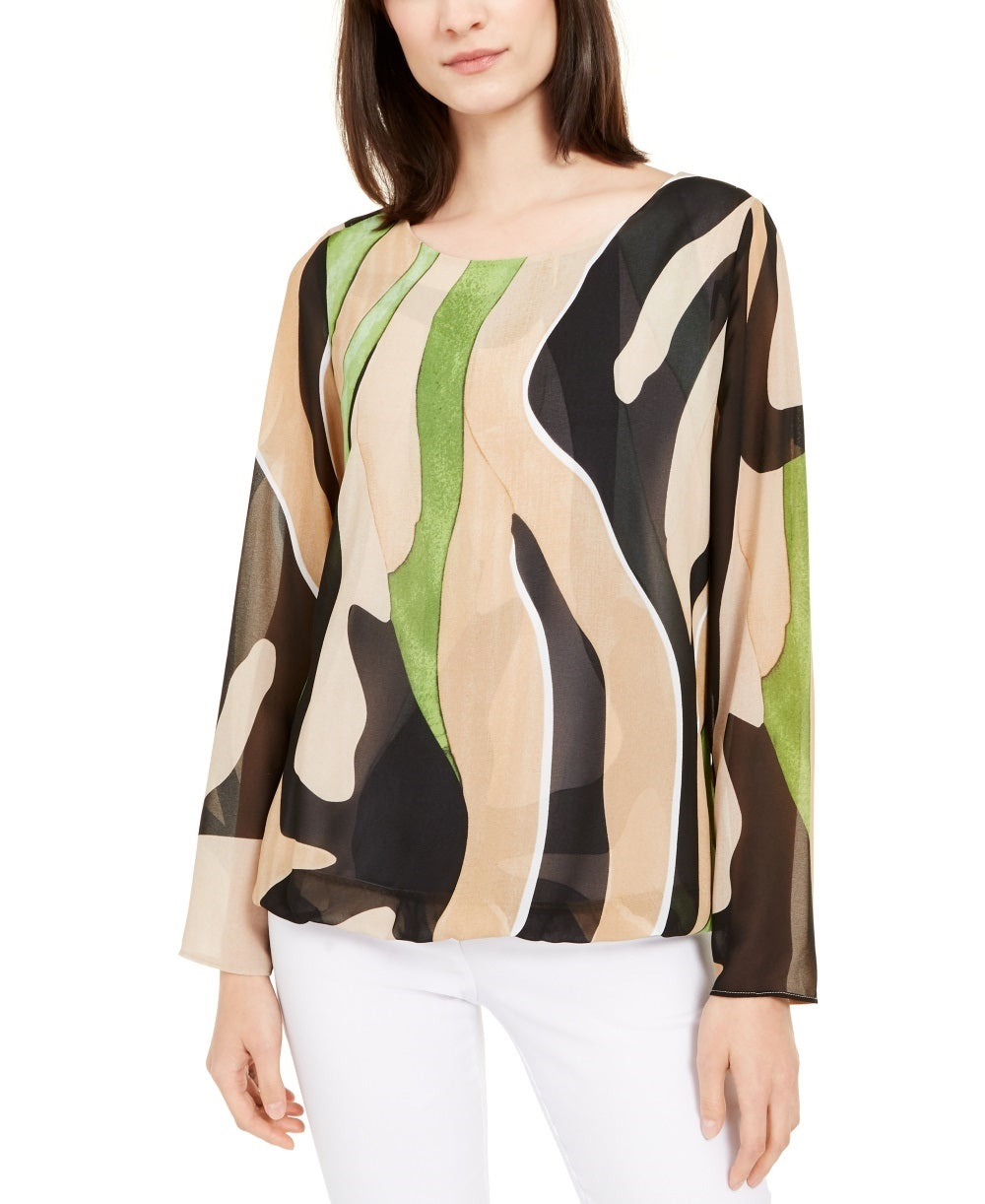 Alfani Women's Blouse Bubble Hem Printed Beige Size Small