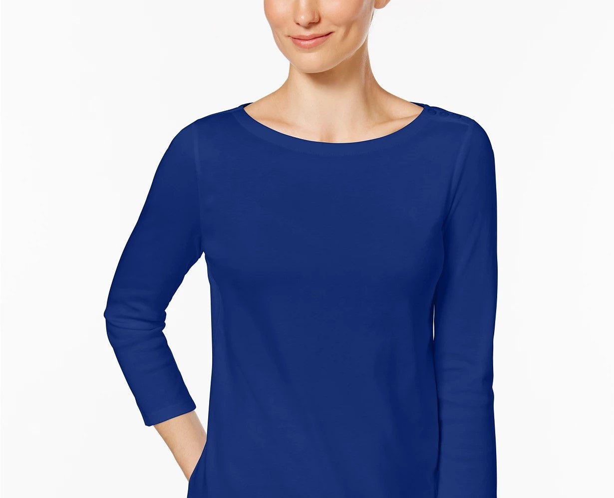 Charter Club Women's Pima Cotton Button Shoulder Top Blue Size Petite Small