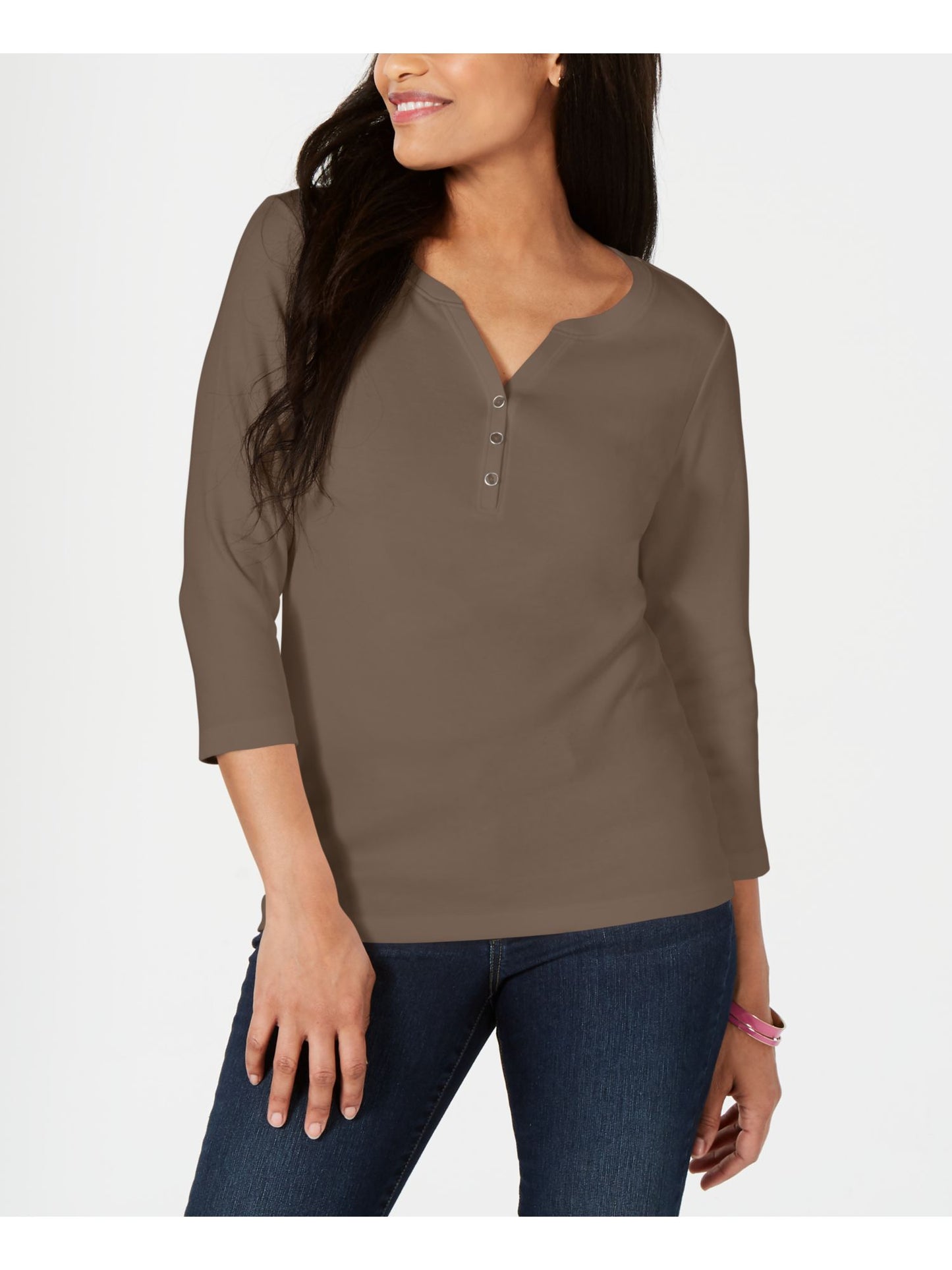 Karen Scott Women's Solid 3/4 Sleeve Henley Top Brown Size Medium