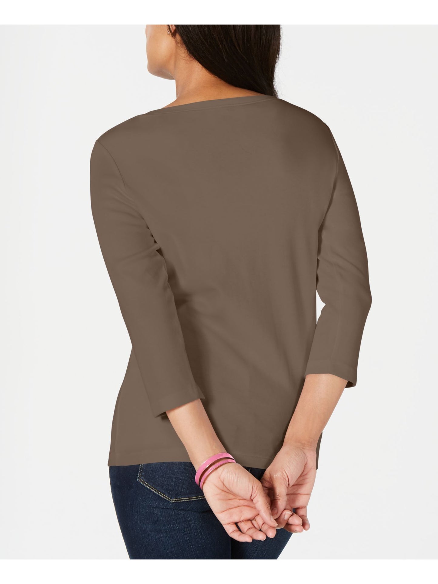 Karen Scott Women's Solid 3/4 Sleeve Henley Top Brown Size Medium