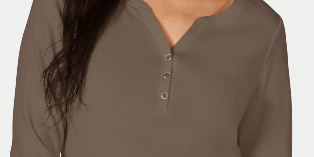 Karen Scott Women's Solid 3/4 Sleeve Henley Top Brown Size Medium