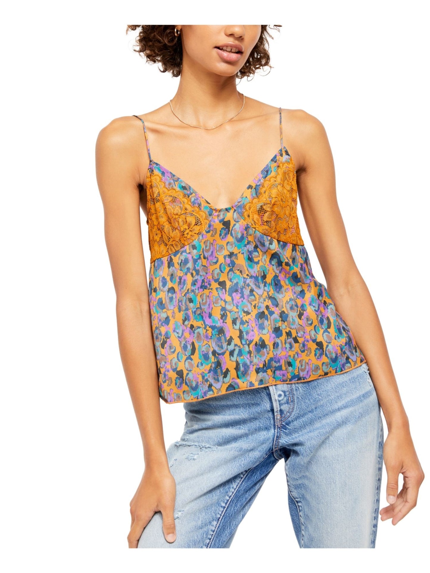 Free People Women's Lace Printed Spaghetti Strap V Neck Tank Top Gold Size X-Small