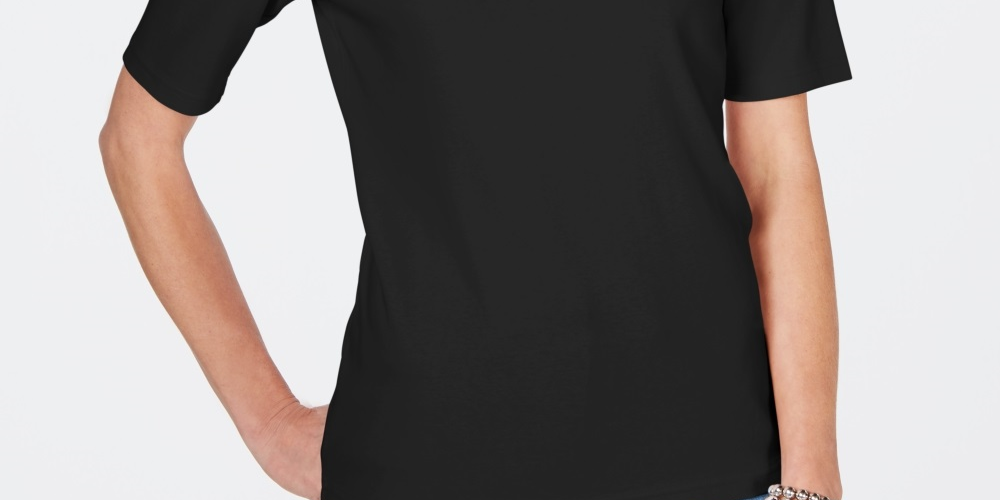 Karen Scott Women's Cotton Rhinestone Neck T-Shirt  Black Size Medium