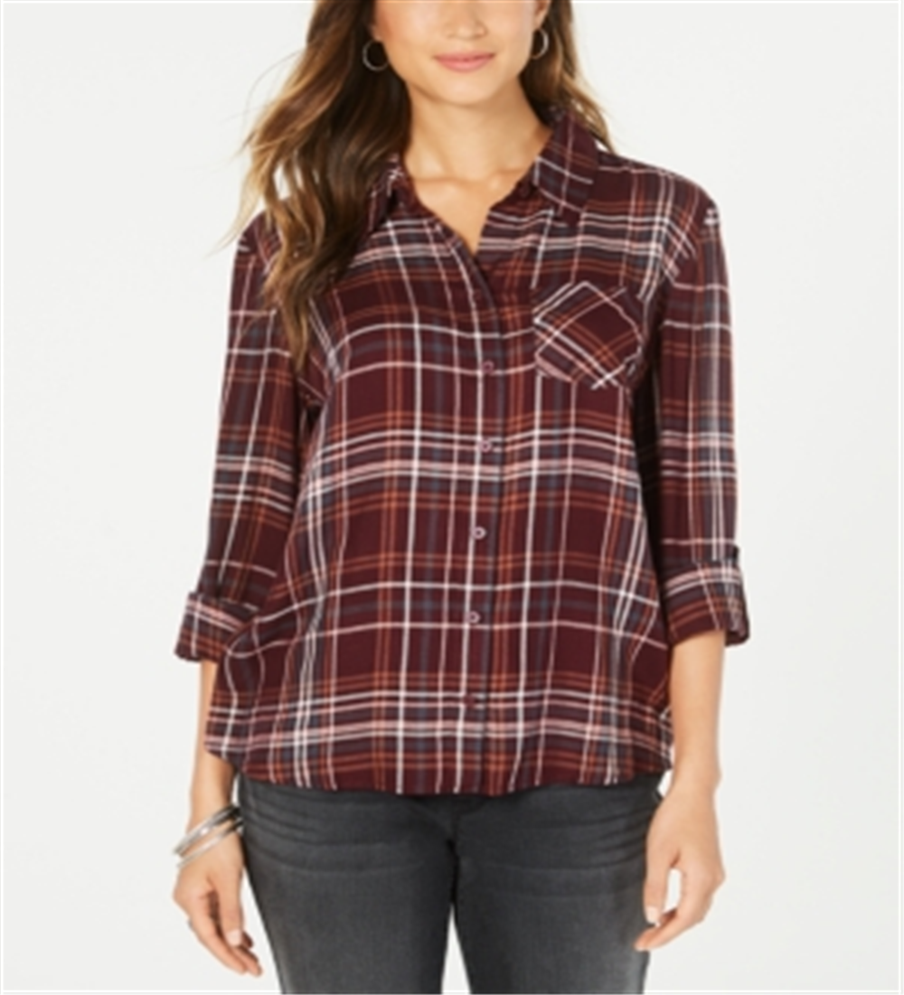 Style & Co Women's Cotton Tab Sleeve Plaid Shirt Berry Multi Size Petite XL