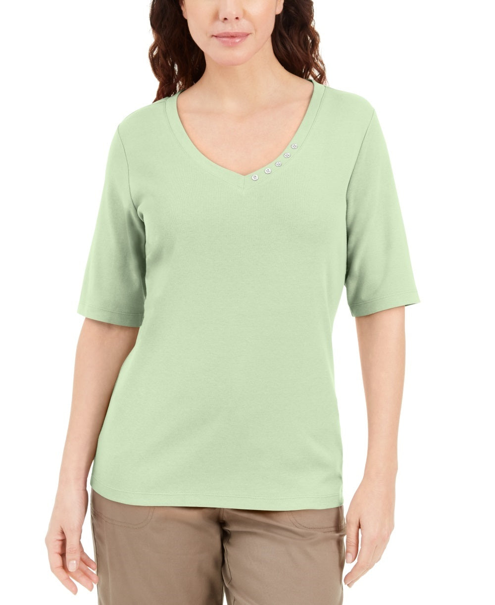 Karen Scott Women's Button Detail V Neck Top Green Size Small