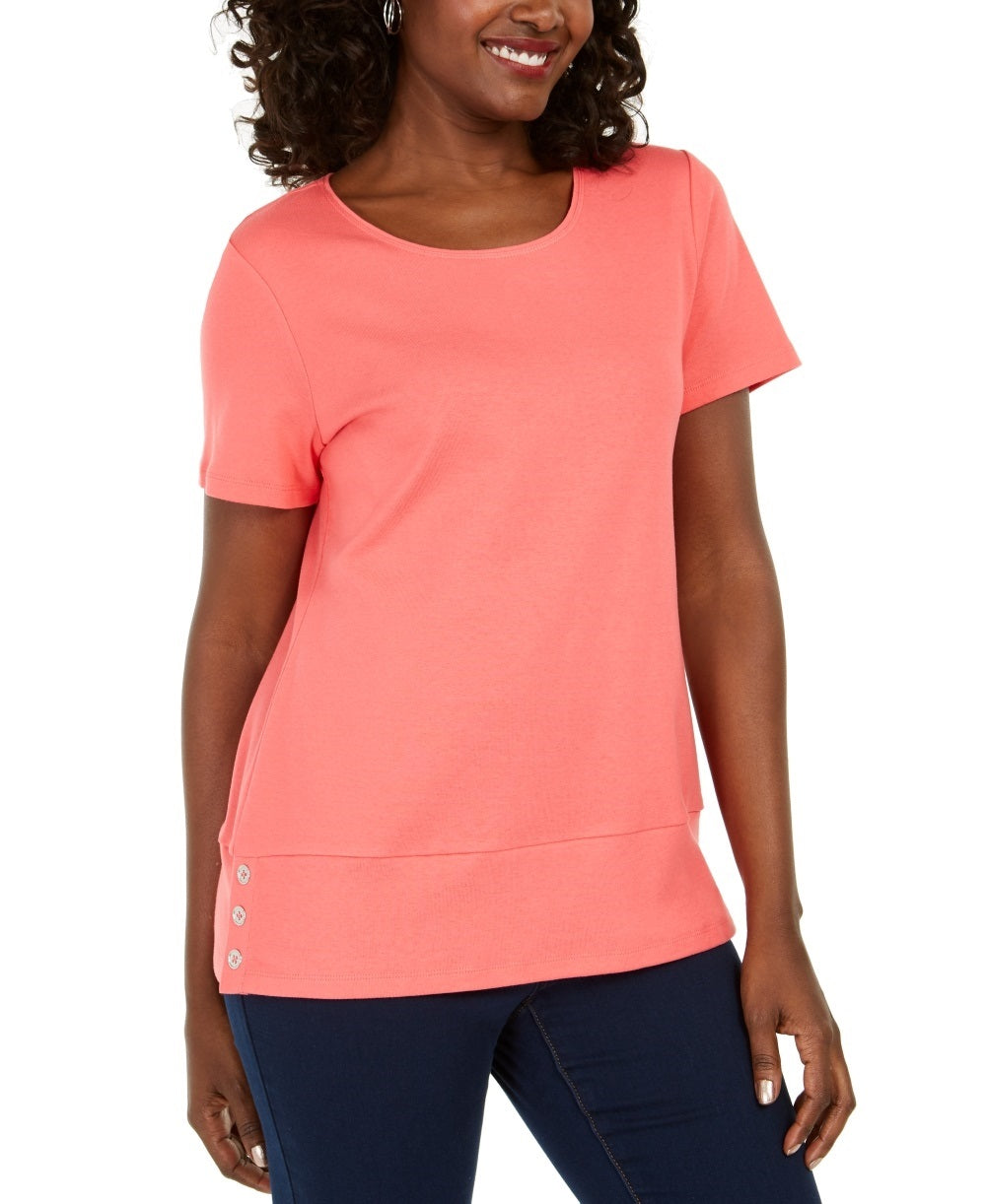 Karen Scott Women's Button Hem Scoop Neck Cotton Top Orange Size Large