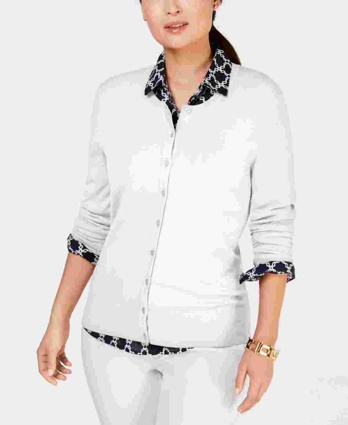 Charter Club Women's Crewneck Cardigan White Size Petite Small
