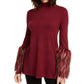 Alfani Women's Mock Neck Sweater with Faux Fur Cuffs Red Size Petite