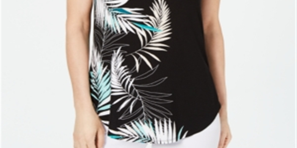 Alfani Women's Printed Round Hem T-Shirt Black Multi Size Petite S