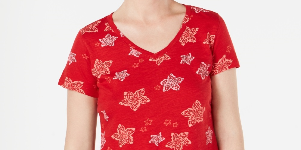 Style & Co Women's Printed V Neck T-Shirt Wine Size Petite Large