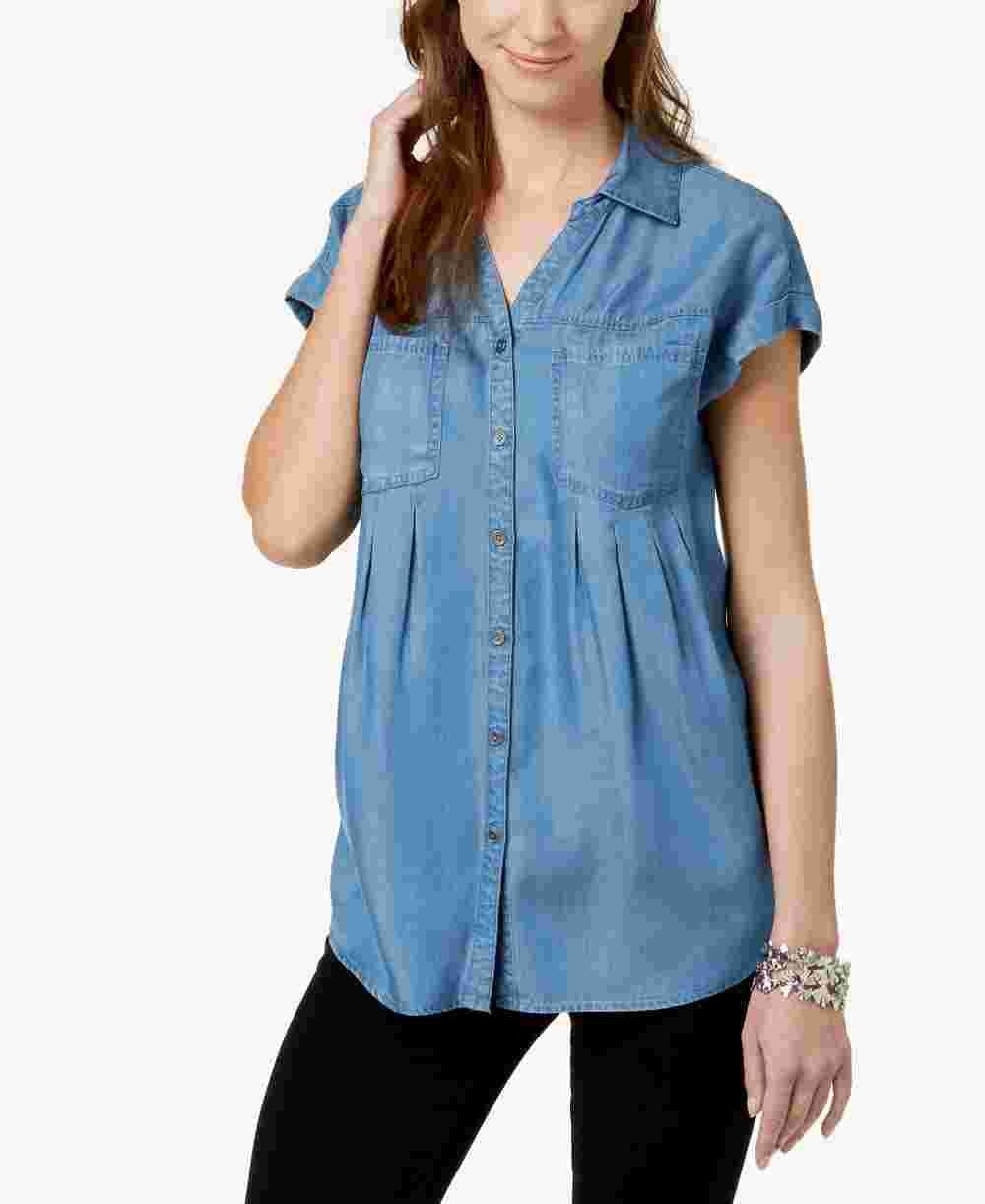 Style & Co Women's Pleated Cuffed Sleeve Top Blue Size X-Large
