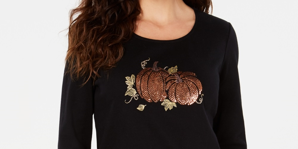 Karen Scott Women's Cotton Pumpkin Graphic Top  Black Size Medium