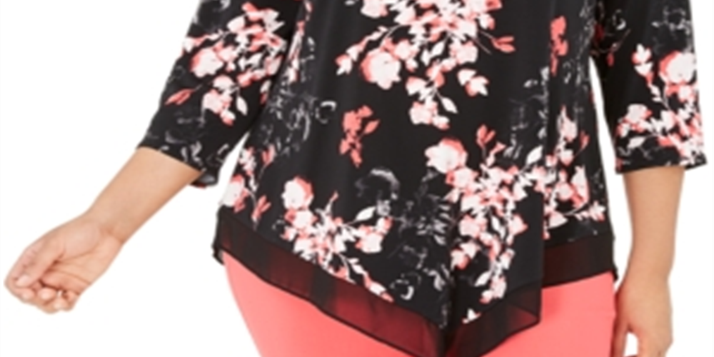 Alfani Women's Plus Printed Point Hem Top Black Floral Size 0X