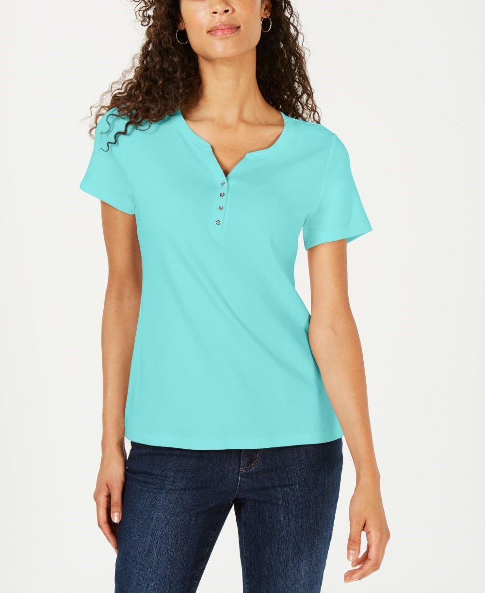 Karen Scott Women's Short Sleeve Henley Top  Blue Size Medium