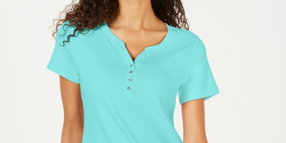 Karen Scott Women's Short Sleeve Henley Top  Blue Size Medium