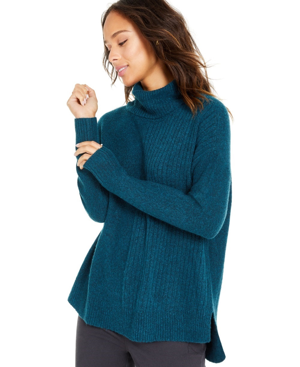 Style & Co Women's Mixed-Stitch Ribbed Turtleneck Tunic Sweater Dark Kale Size X-Small