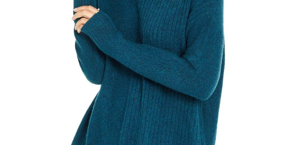Style & Co Women's Mixed-Stitch Ribbed Turtleneck Tunic Sweater Dark Kale Size X-Small