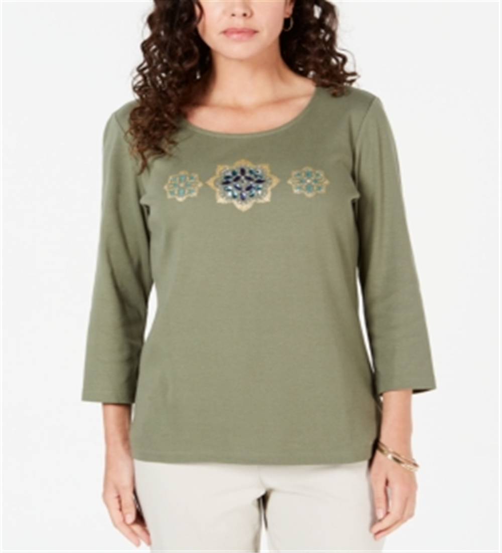 Karen Scott Women's Rhinestone-Embellished Cotton Top Green Size Petite X-Large