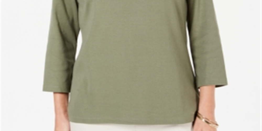 Karen Scott Women's Rhinestone-Embellished Cotton Top Green Size Petite X-Large