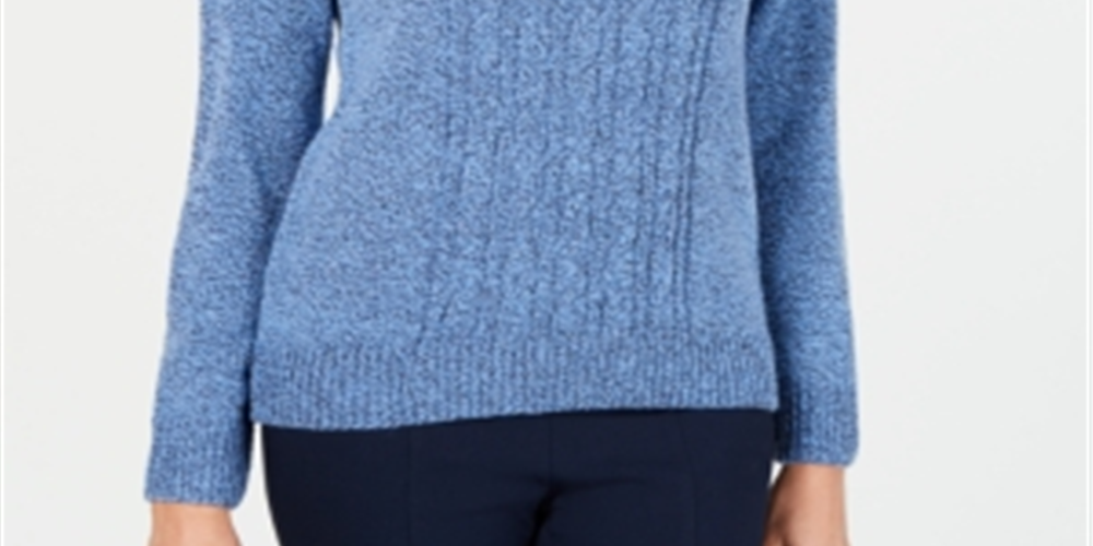 Karen Scott Women's Mock Neck Cable Knit Sweater Blue Size Petite L
