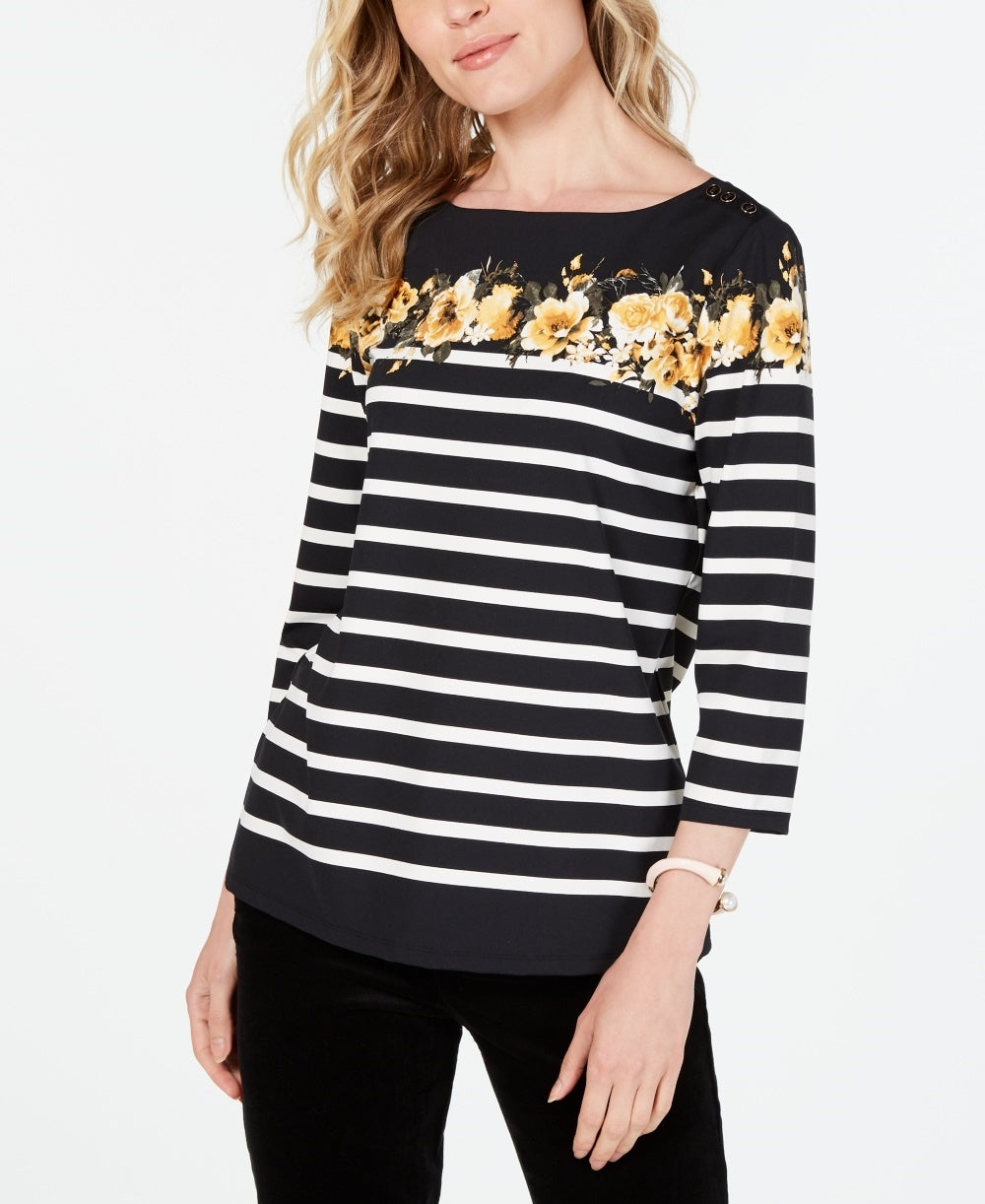 Charter Club Women's Petite Striped Floral-Print Top Black Petite Small