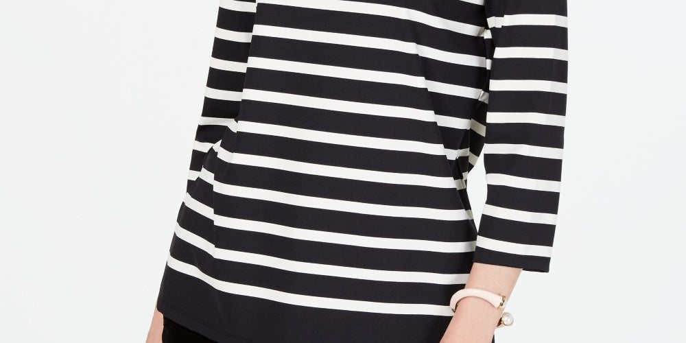 Charter Club Women's Petite Striped Floral-Print Top Black Petite Small