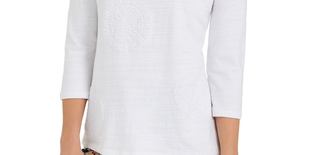 Charter Club Women's 3/4-Sleeve Printed Top White Size X-Large