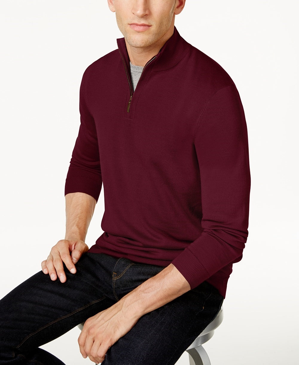 Club Room Men's Quarter Zip Merino Wool Blend Sweater Purple Size Medium