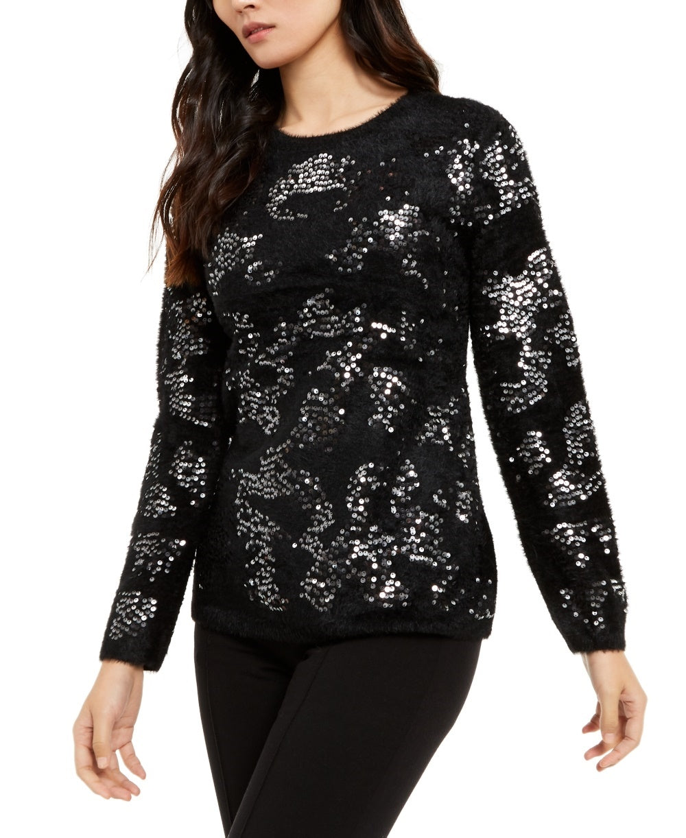 Alfani Women's Embellished Eyelash Sweater  Black Size Large