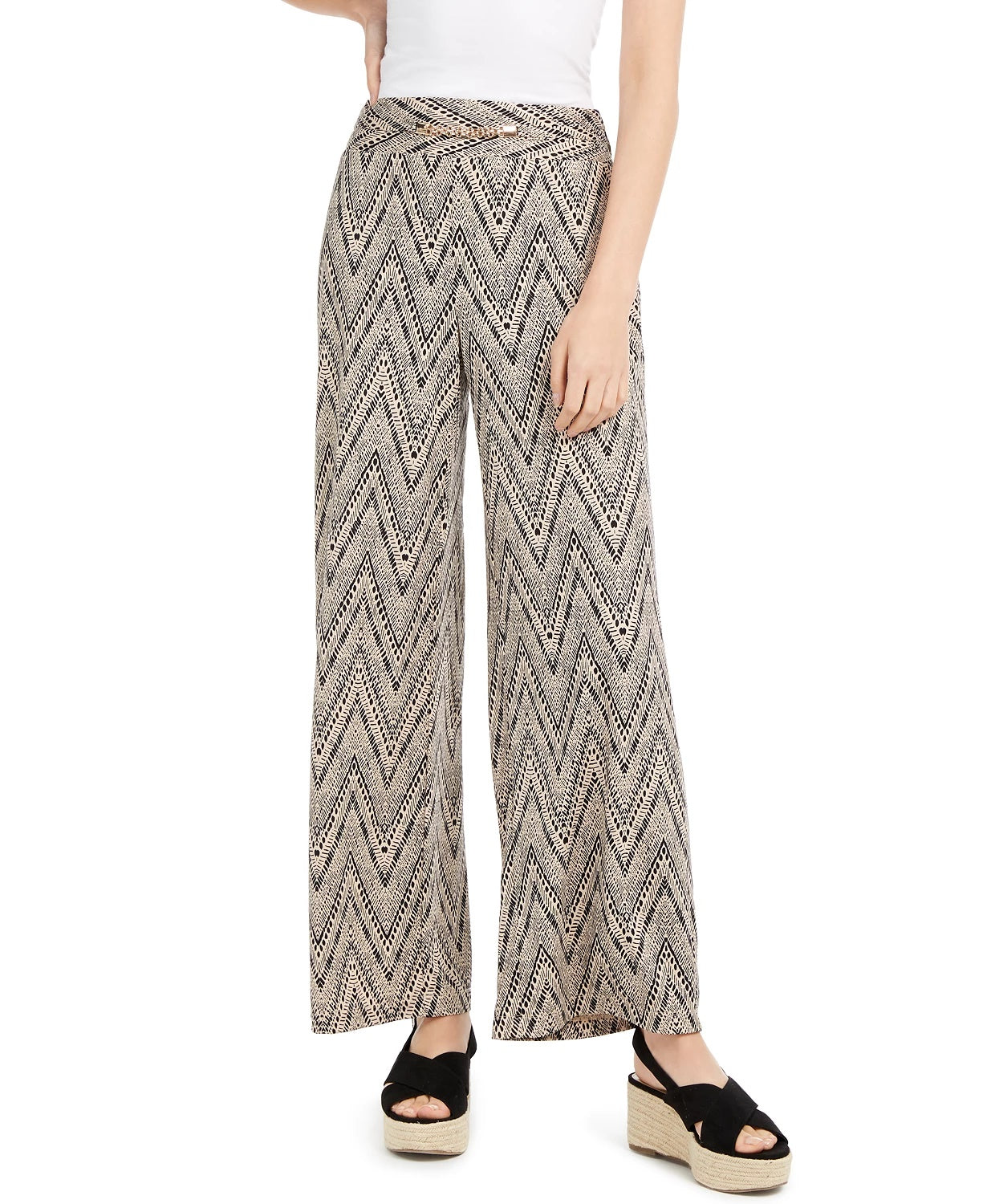 Ny Collection Women's Petite Hardware-Trim Printed Pants Beigekhaki Size Petite Medium