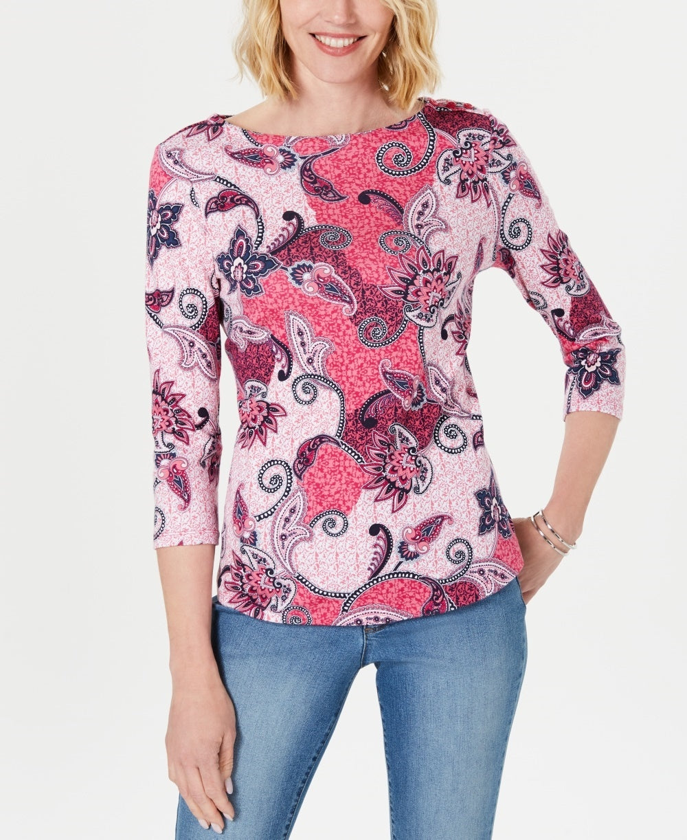 Charter Club Women's Printed Cotton 3/4-Sleeve Top Pink Size Small