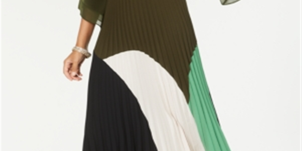 Alfani Women's Colorblock Pleated MIDI Skirt Green Size Petite S/M