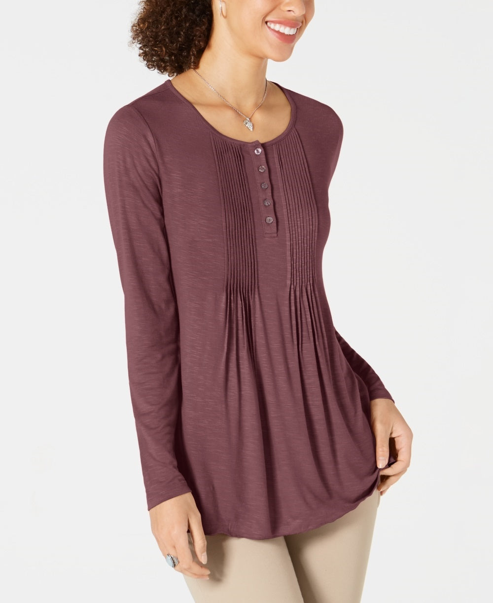Style & Co Women's Long-Sleeve Pintuck Top  Purple Size Small
