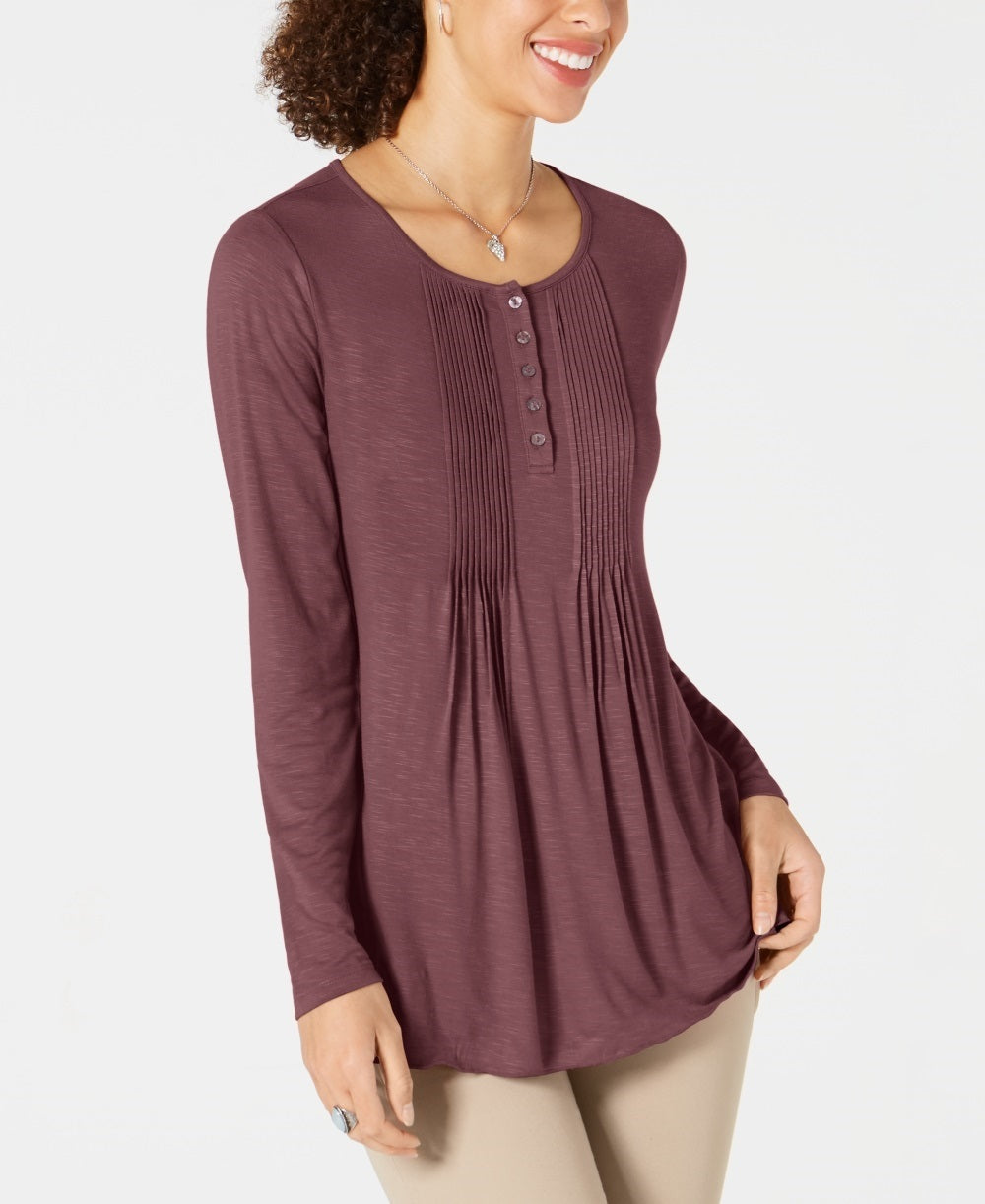 Style & Co Women's Long-Sleeve Pintuck Top Purple Size X-Small