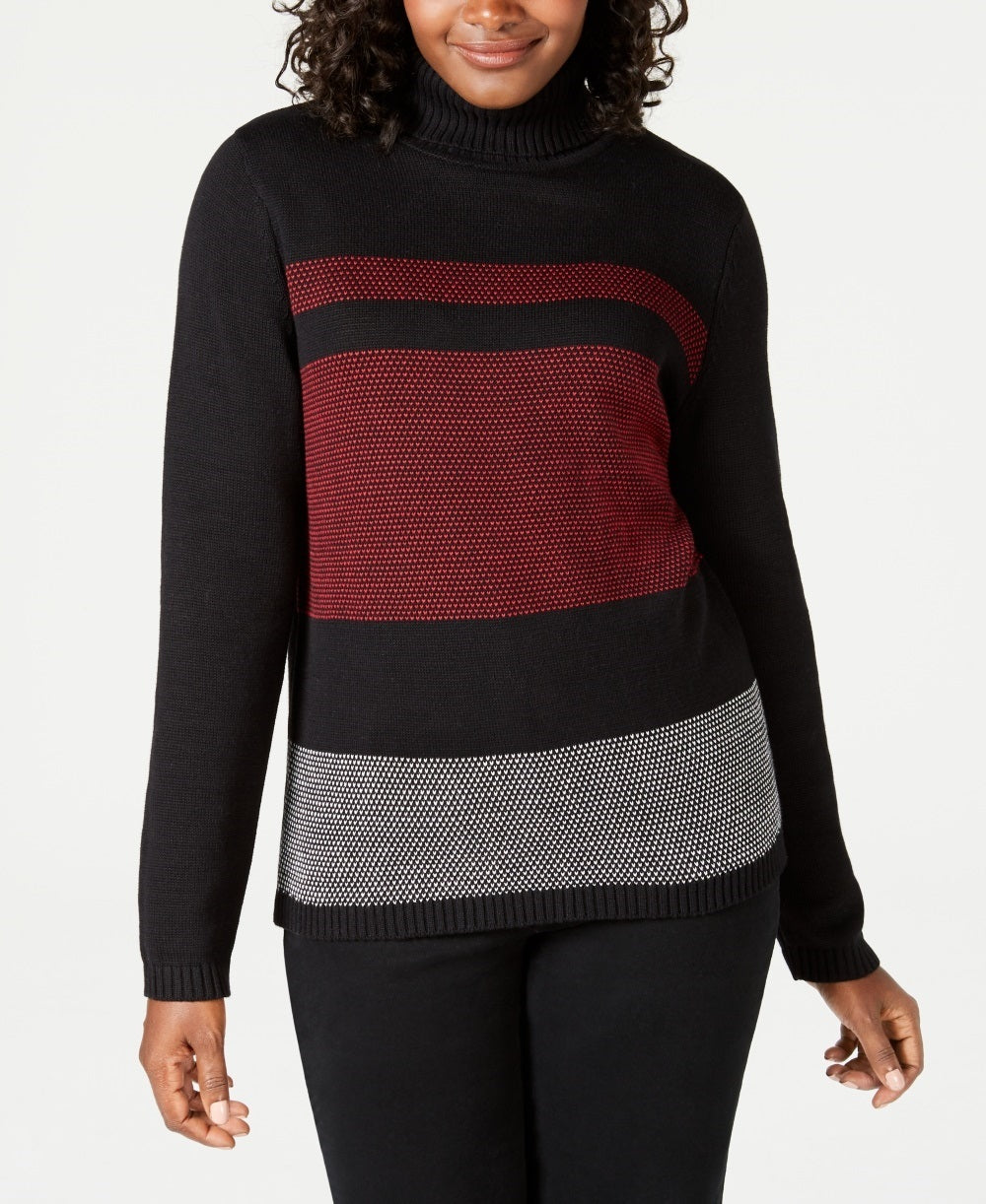 Karen Scott Women's Petite Colorblocked Cotton Turtleneck Sweater Black Size Petite Medium