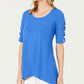 JM Collection Women's Petite Braided-Sleeve Tunic  Blue Petite Small