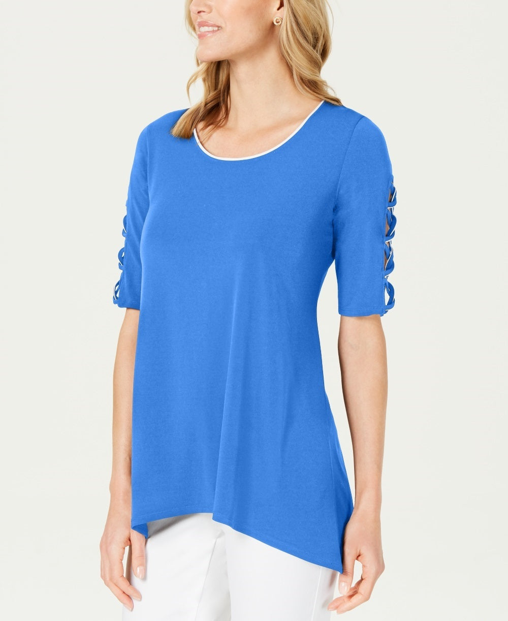 JM Collection Women's Petite Braided-Sleeve Tunic  Blue Petite Small
