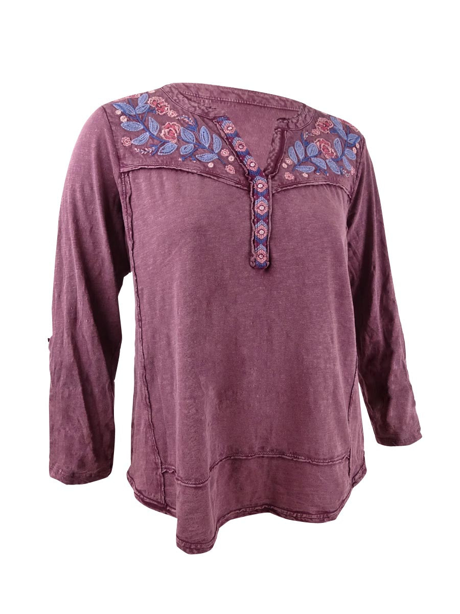 Style & Co Women's Cotton Embroidered Top Purple Size Petite M