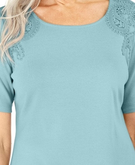 Karen Scott Women's Cotton Crochet Front Top Blue Size X-Small