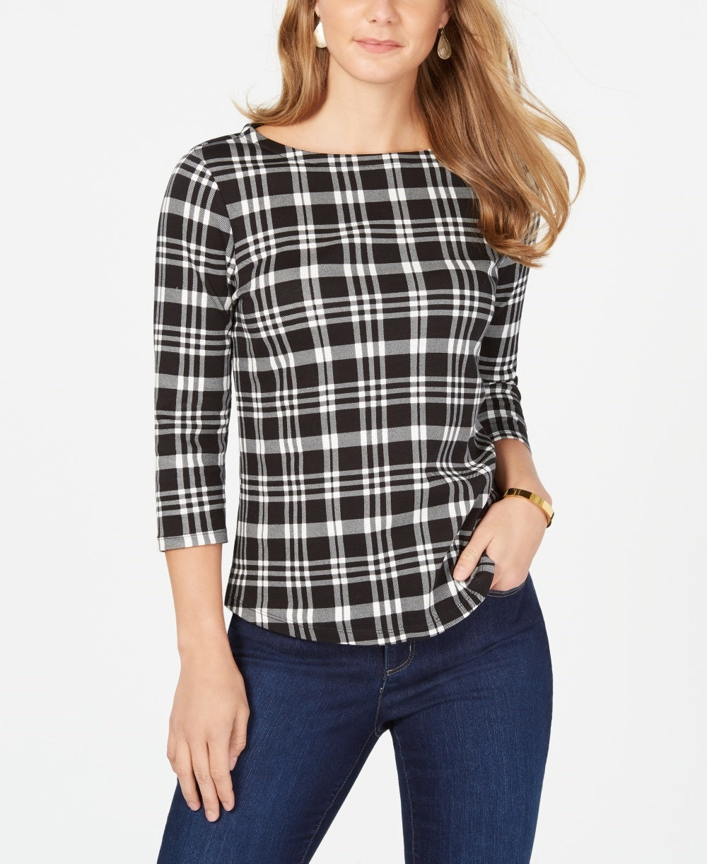 Charter Club Women's Pima Cotton Button Shoulder Print Top Black Size Petite