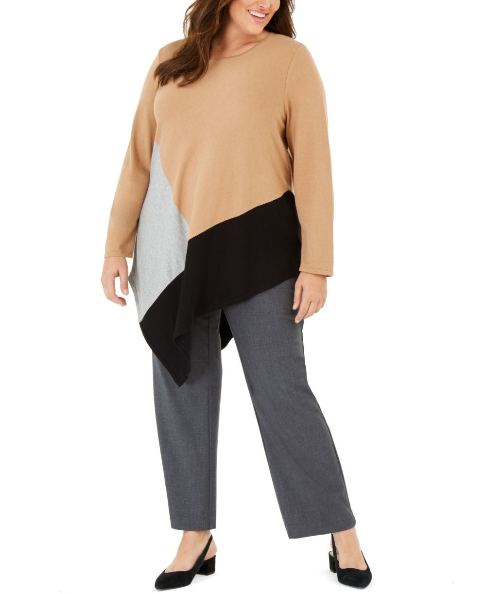 Alfani Women's Colorblock Asymmetrical Sweater Beige Size 0X