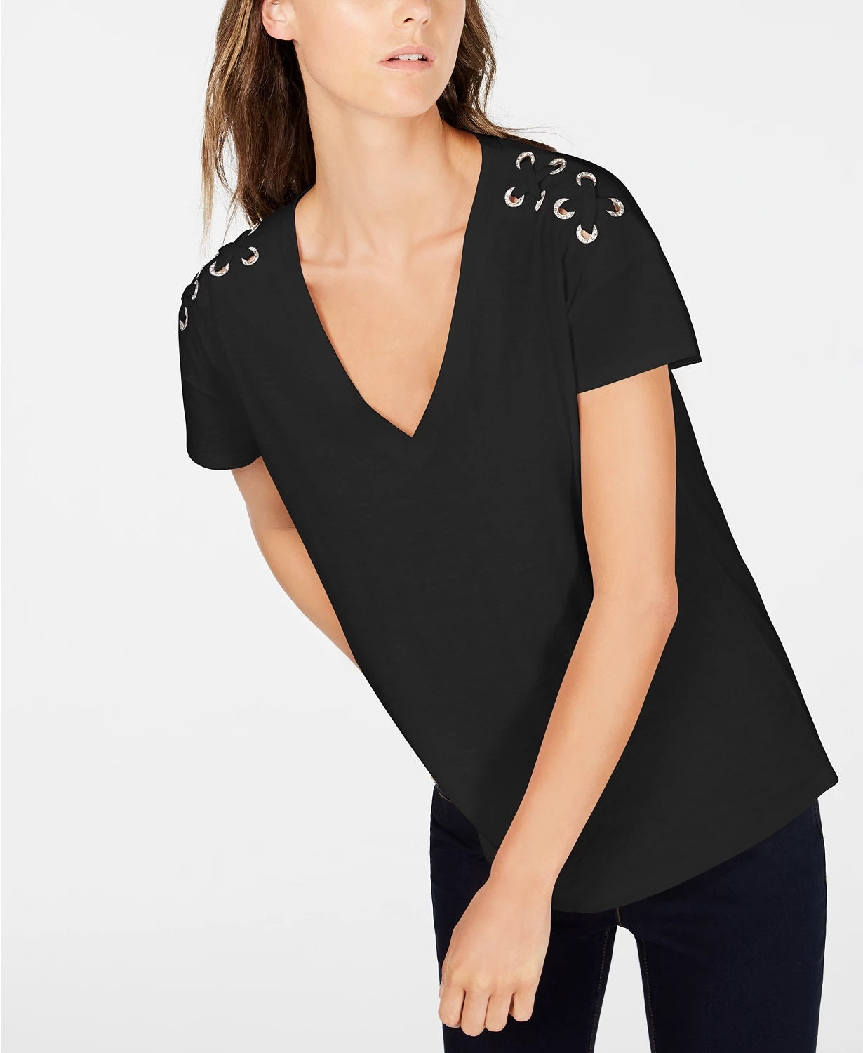 INC International Concepts Women's Solid Short Sleeve V Neck Top Size Black Size Petite Small