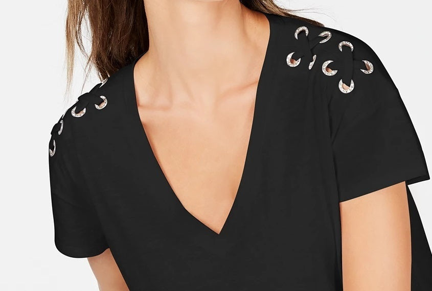 INC International Concepts Women's Solid Short Sleeve V Neck Top Size Black Size Petite Small