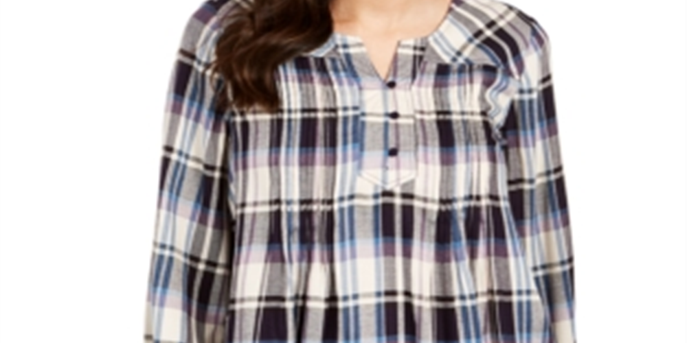 Style & Co Women's Plaid Split Neck Top Purple Size Large