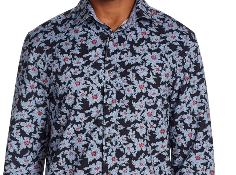 Tallia Men's Slim Fit Performance Stretch Floral Long Sleeve Shirt Black Size XX-Large