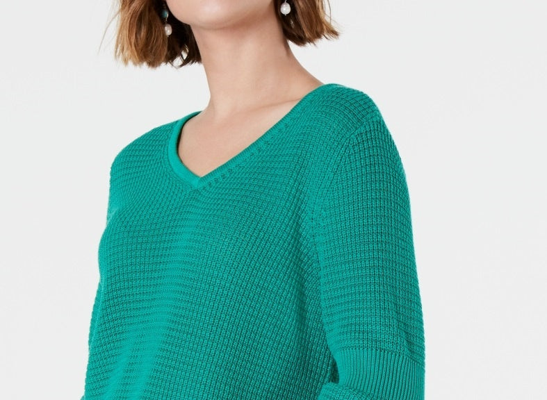 Style & Co Women's Cotton Waffle Stitch Sweater Green Size X-Small